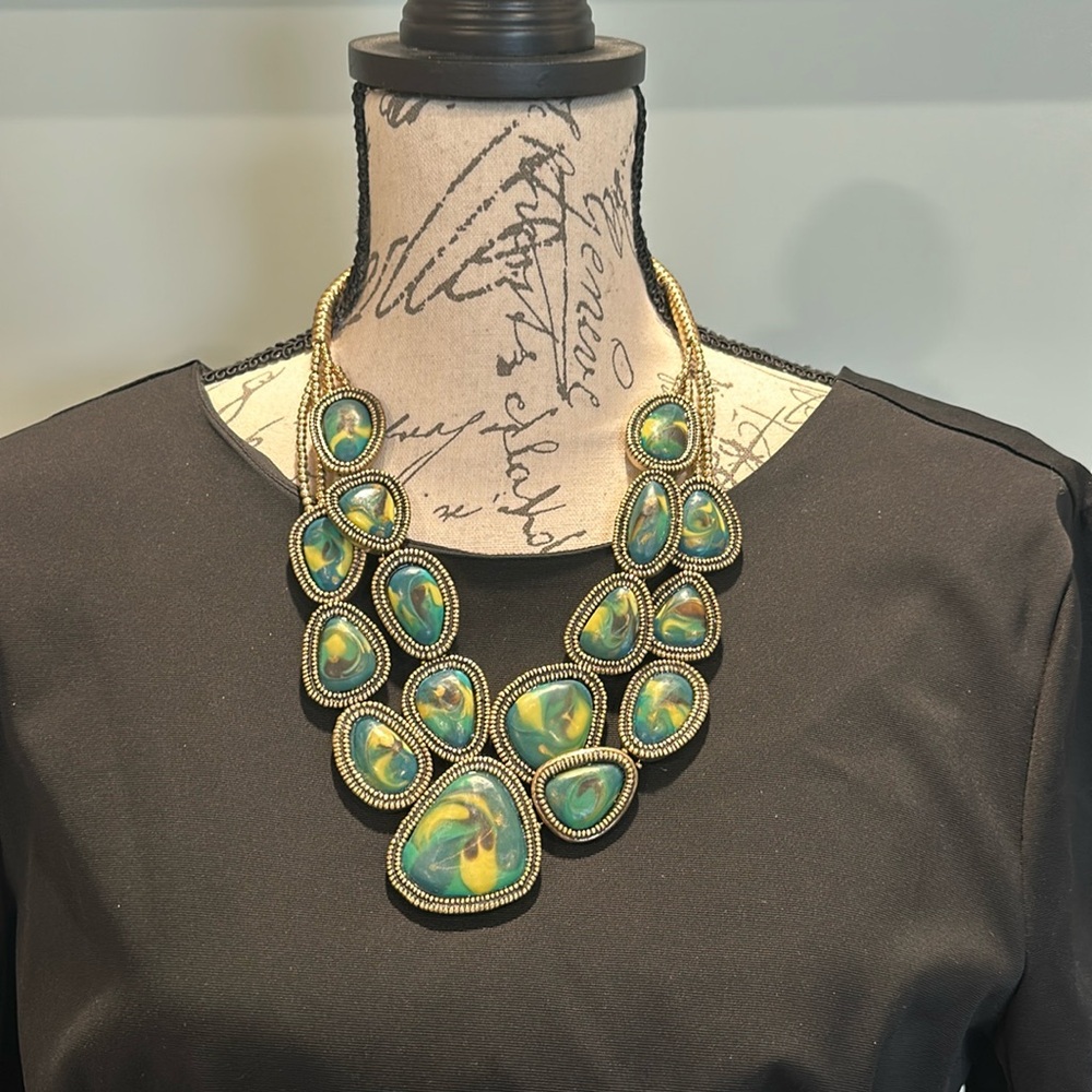 Chico's Gold and Teal Resin Stone Necklace